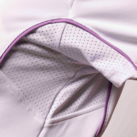Close-up of a light purple athletic shirt with mesh lining