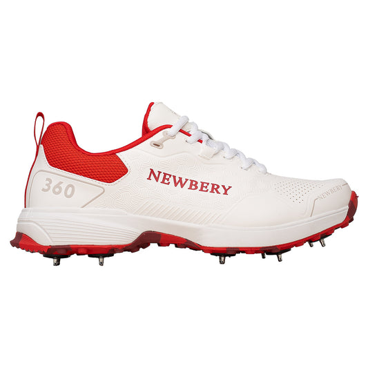 Newbery 360 Cricket Shoe (White & Red Full Spikes)