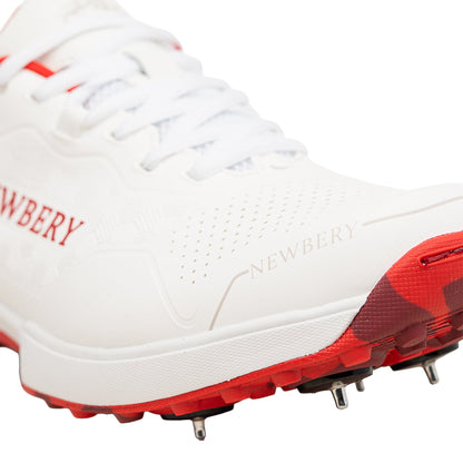 Newbery 360 Cricket Shoe (White & Red Full Spikes)