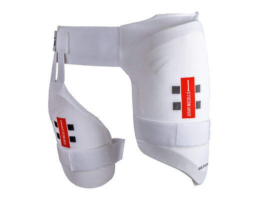 White protective gear with brand logos on a white background