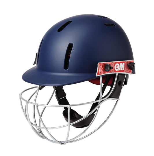 Blue cricket helmet with a metal grill and GM logo on a white background