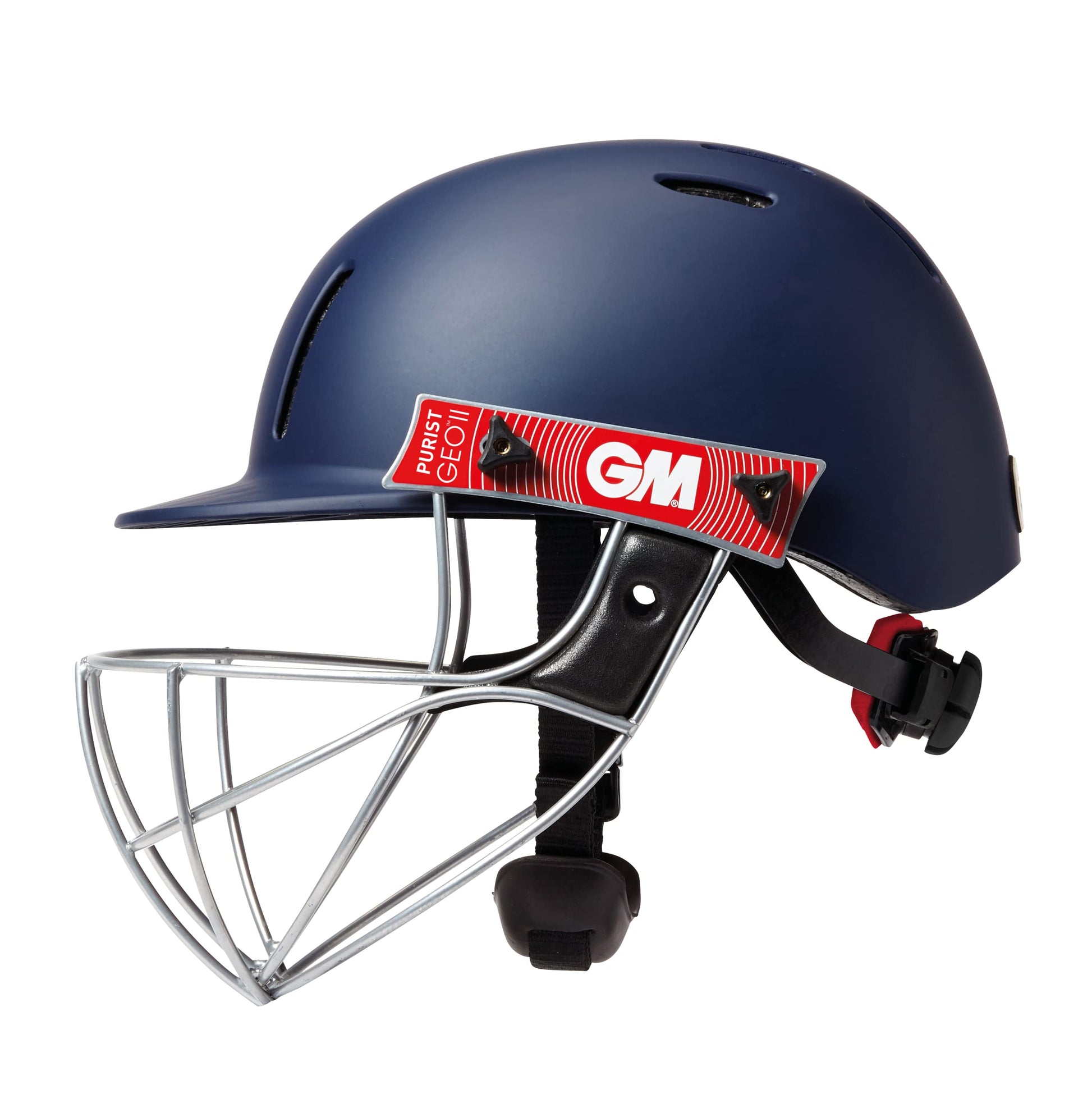Navy blue cricket helmet with a red and white GM logo on a white background