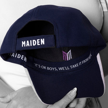 Navy blue cap with 'MAIDEN' branding held by a person