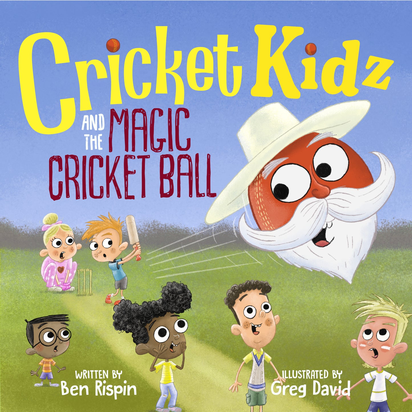 Book cover of 'Cricket Kidz and the Magic Cricket Ball' with cartoon characters and a large cricket ball.