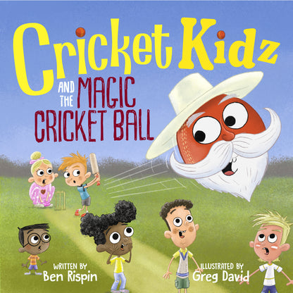 Book cover of 'Cricket Kidz and the Magic Cricket Ball' with cartoon characters and a large cricket ball.