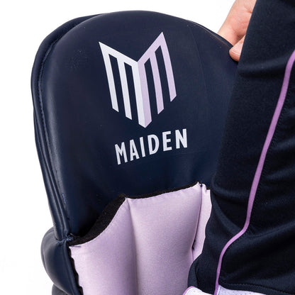 Black and white protective gear with 'MAIDEN' branding on a white background