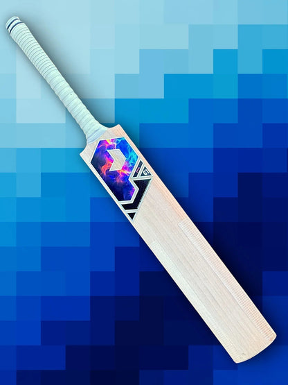 Crickets bat with colorful design on a blue geometric patterned background