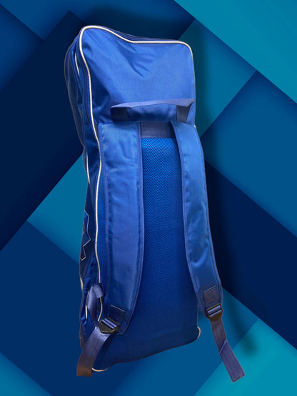 Blue backpack on a blue geometric background