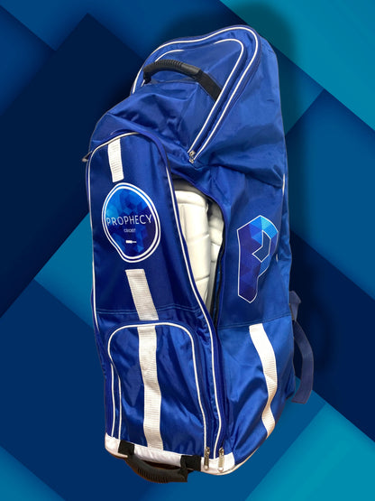 Blue golf bag with 'Prophecy' branding on a blue geometric background