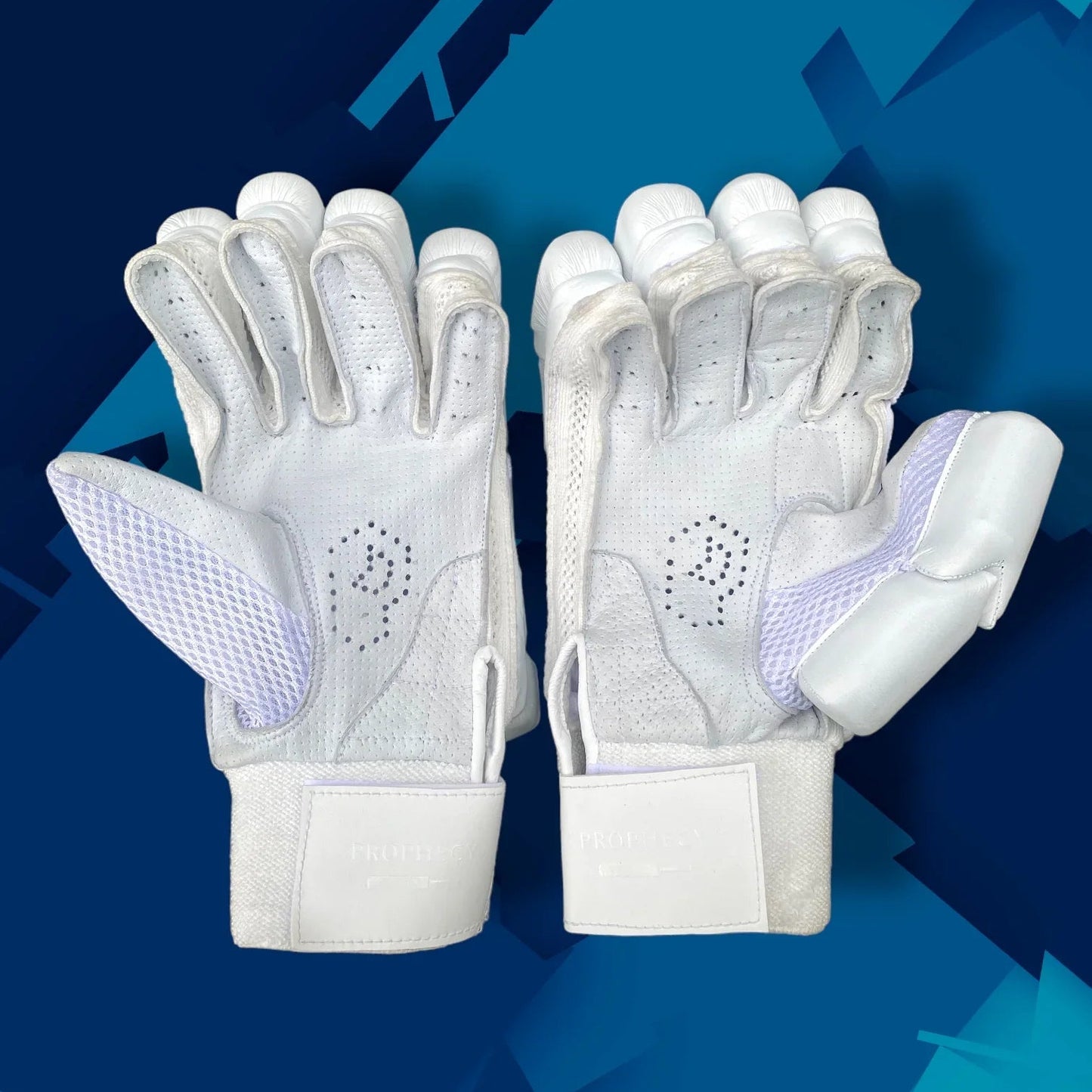 Pair of white gloves with purple accents on a blue geometric background