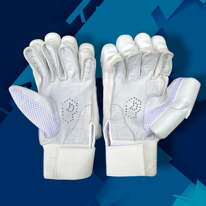 Pair of white gloves with purple accents on a blue geometric background