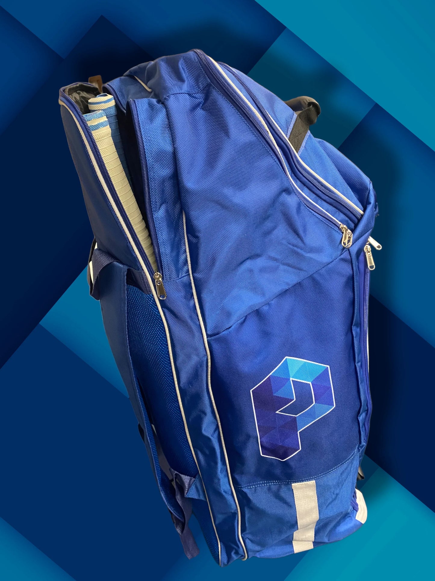 Blue backpack with a logo on a blue geometric background