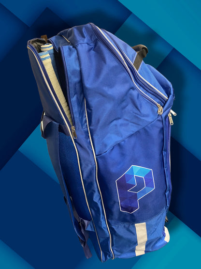 Blue backpack with a logo on a blue geometric background