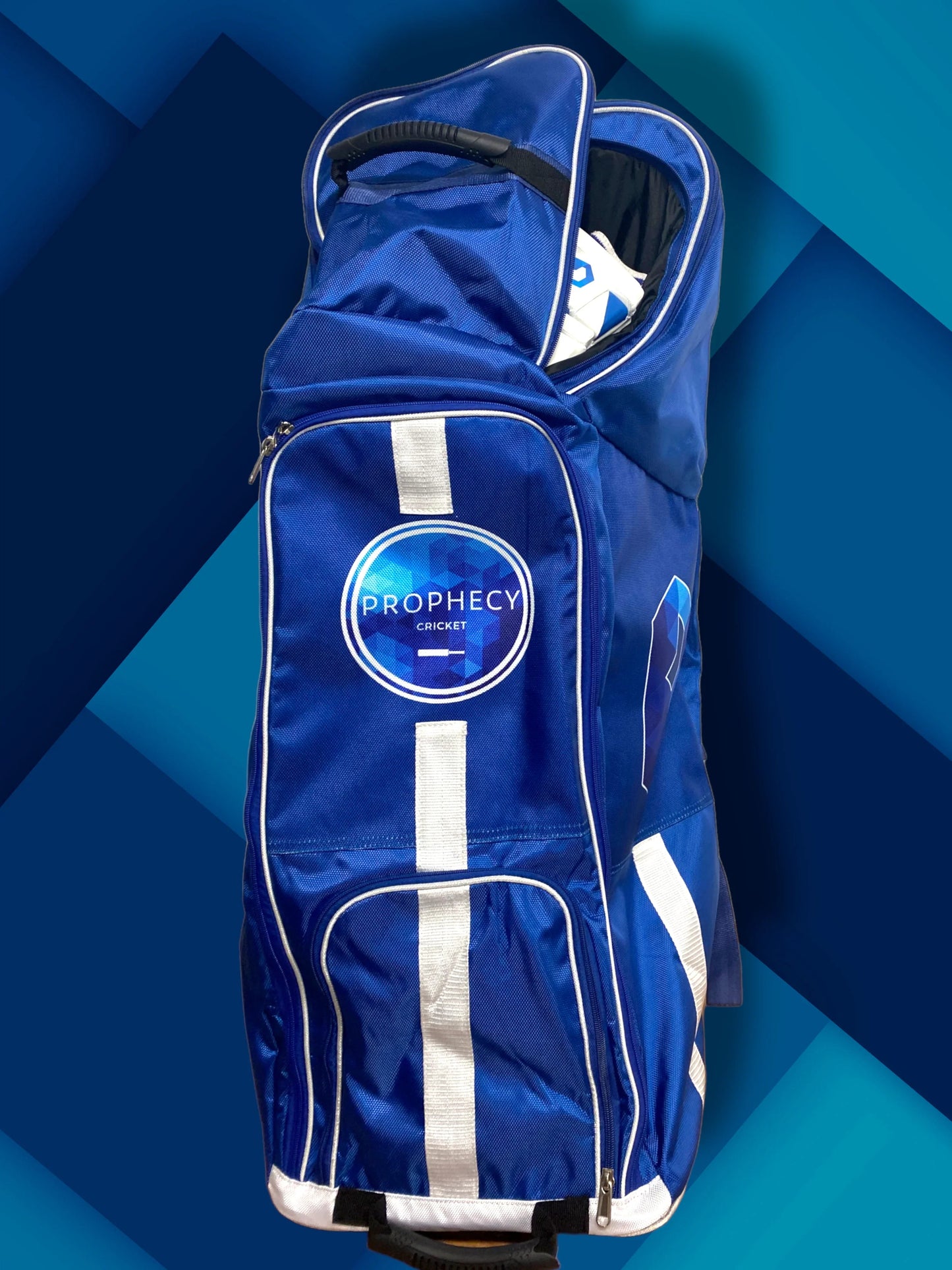Blue cricket bag with white accents on a blue geometric background