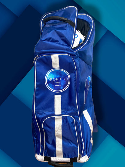 Blue cricket bag with white accents on a blue geometric background