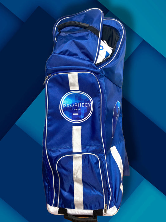 Blue cricket bag with white accents on a blue geometric background