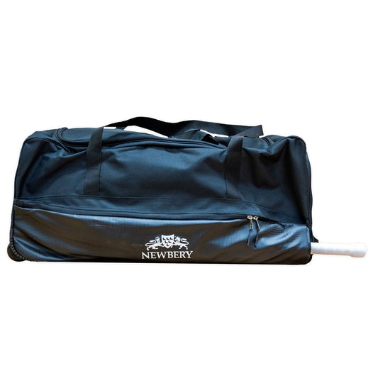 Blue duffel bag with 'Newbery' logo on a white background